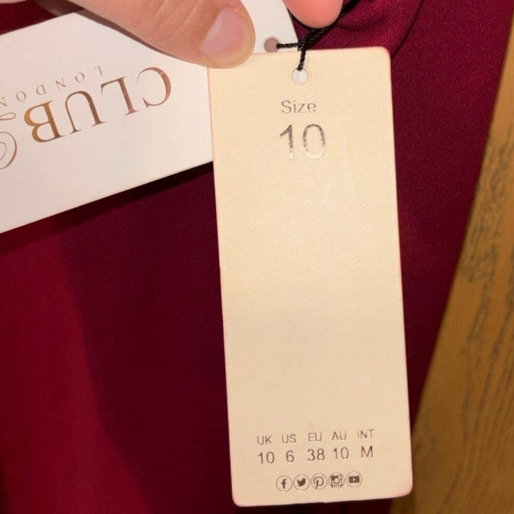 Club L London women’s wine burgundy cut-away fishtail maxi dress w/ train NWT 6 - Picture 5 of 6